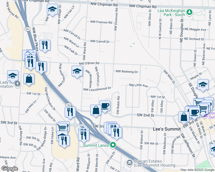 map of restaurants, bars, coffee shops, grocery stores, and more near 302 Northwest Lincolnwood Drive in Lee's Summit