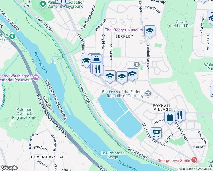 map of restaurants, bars, coffee shops, grocery stores, and more near 4800 MacArthur Boulevard Northwest in Washington