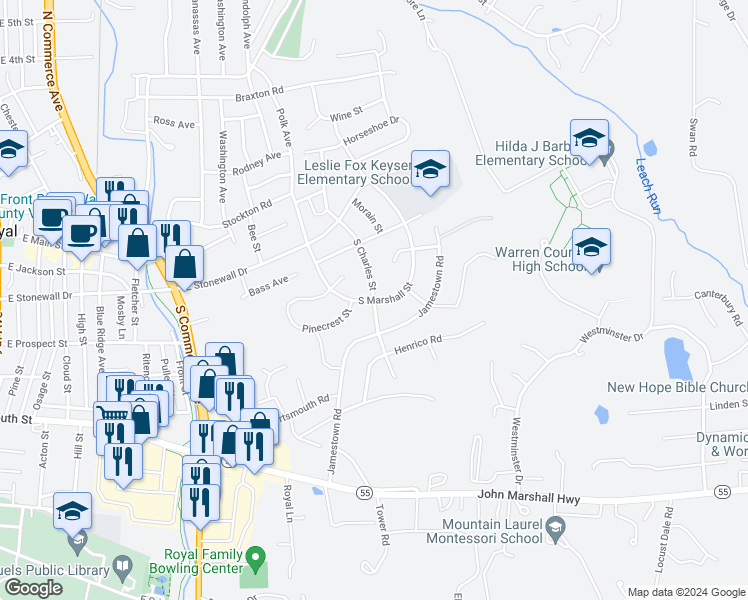 map of restaurants, bars, coffee shops, grocery stores, and more near 99 South Charles Street in Front Royal