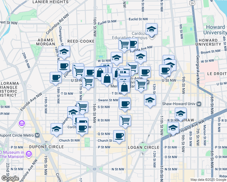 map of restaurants, bars, coffee shops, grocery stores, and more near 1443 T Street Northwest in Washington
