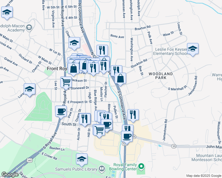 map of restaurants, bars, coffee shops, grocery stores, and more near 601 East Stonewall Drive in Front Royal