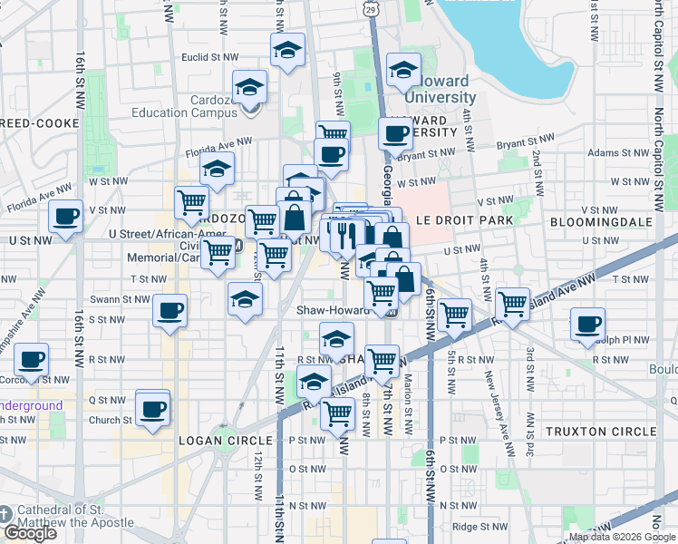 map of restaurants, bars, coffee shops, grocery stores, and more near 101 Independence Avenue Southeast in Washington