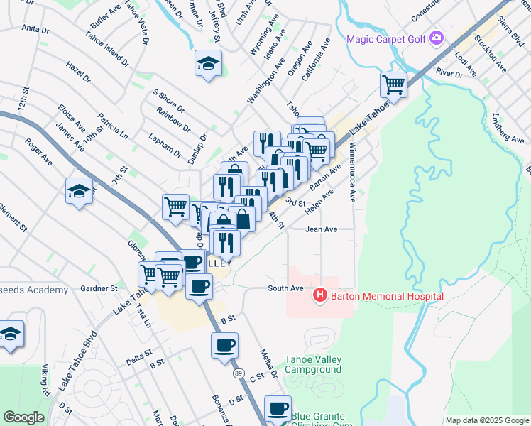 map of restaurants, bars, coffee shops, grocery stores, and more near 2130 Lake Tahoe Boulevard in South Lake Tahoe