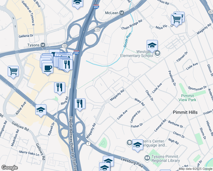 map of restaurants, bars, coffee shops, grocery stores, and more near 1901 Cathy Lane in McLean