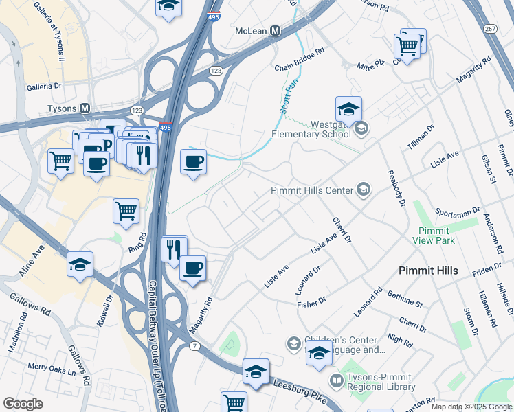 map of restaurants, bars, coffee shops, grocery stores, and more near 7756 Legere Court in McLean