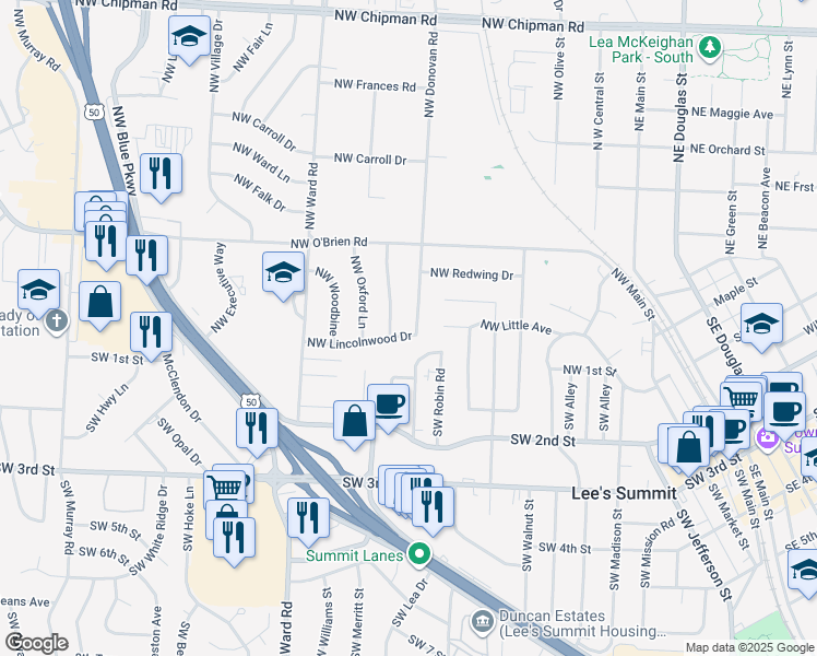map of restaurants, bars, coffee shops, grocery stores, and more near 302 Northwest Lincolnwood Drive in Lee's Summit