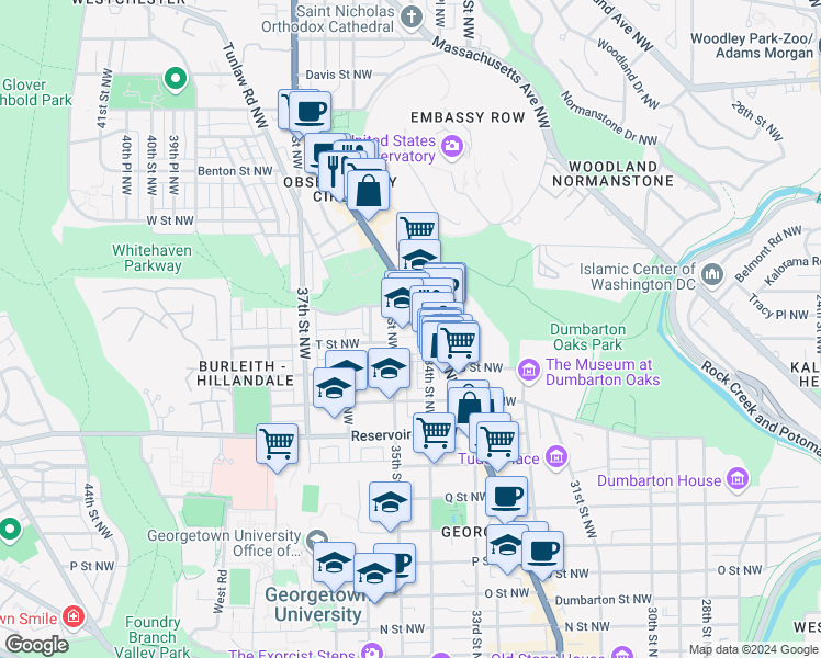 map of restaurants, bars, coffee shops, grocery stores, and more near 1819 35th Street Northwest in Washington