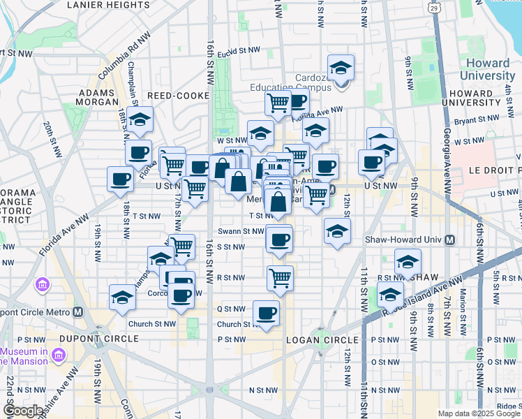 map of restaurants, bars, coffee shops, grocery stores, and more near 1425 T Street Northwest in Washington