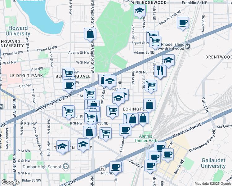 map of restaurants, bars, coffee shops, grocery stores, and more near 116 T Street Northeast in Washington