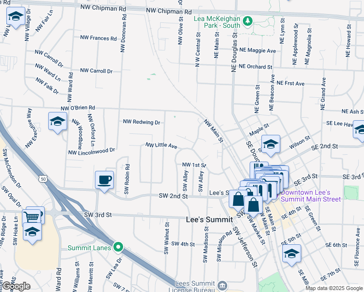 map of restaurants, bars, coffee shops, grocery stores, and more near 500 Northwest Little Avenue in Lee's Summit