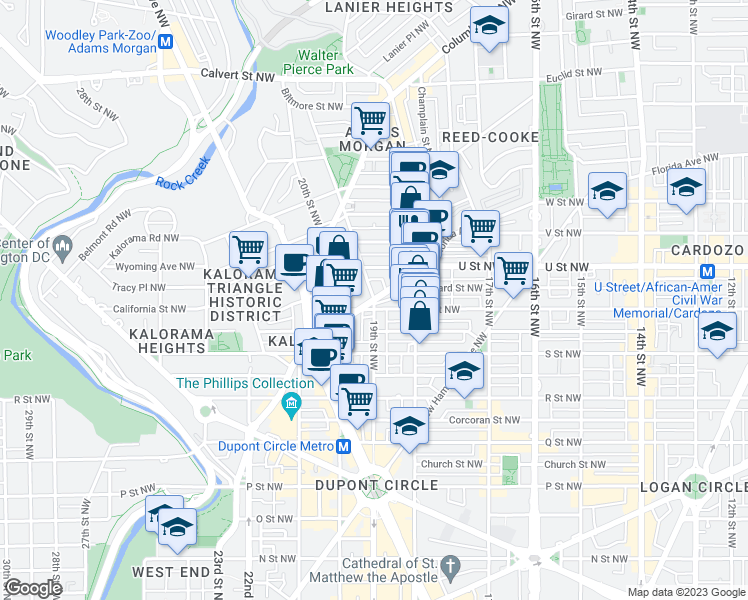 map of restaurants, bars, coffee shops, grocery stores, and more near 19th Street Northwest & Florida Avenue Northwest in Washington