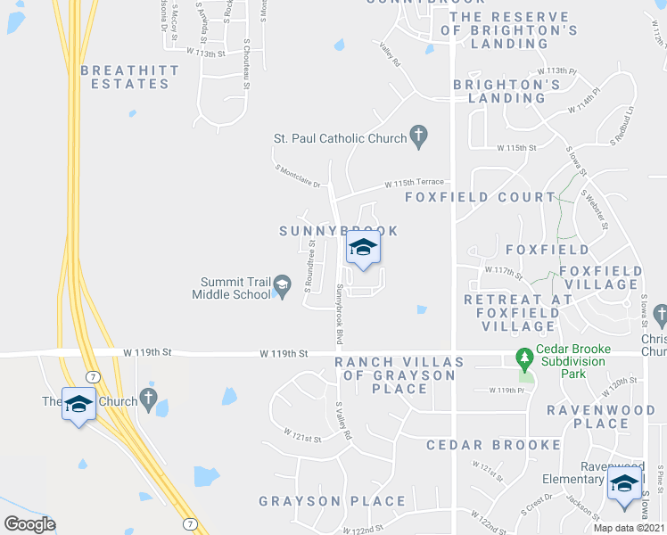 map of restaurants, bars, coffee shops, grocery stores, and more near 203 Sunnybrook Boulevard in Olathe