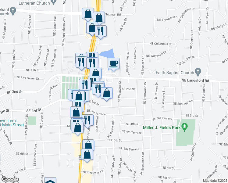 map of restaurants, bars, coffee shops, grocery stores, and more near 200 Southeast Westwind Drive in Lee's Summit