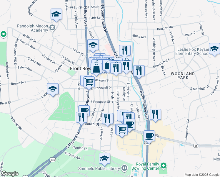 map of restaurants, bars, coffee shops, grocery stores, and more near 309 East Stonewall Drive in Front Royal