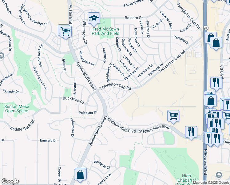 map of restaurants, bars, coffee shops, grocery stores, and more near 4735 Walking Horse Point in Colorado Springs
