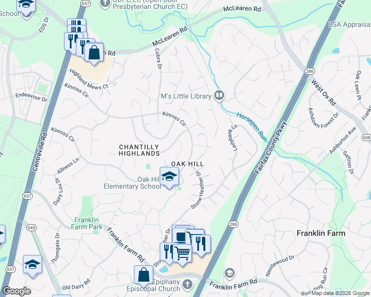 map of restaurants, bars, coffee shops, grocery stores, and more near 13207 Caroline Court in Herndon