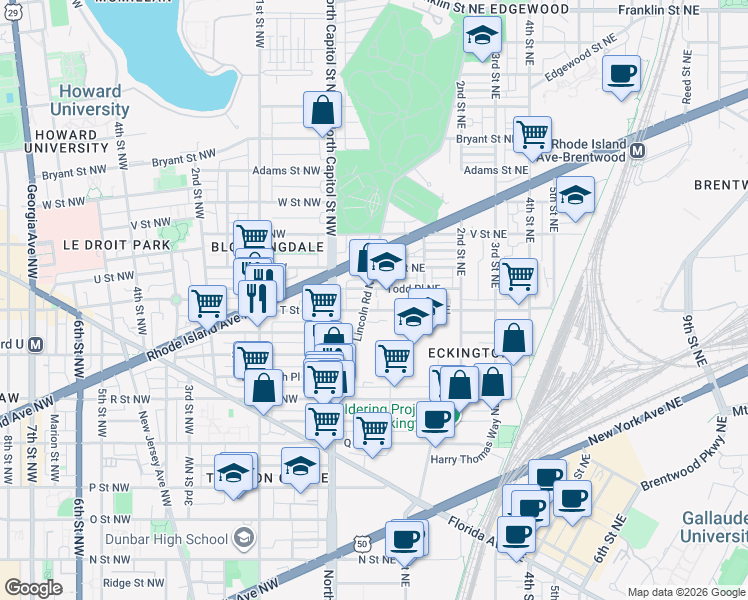 map of restaurants, bars, coffee shops, grocery stores, and more near 1903 Lincoln Road Northeast in Washington