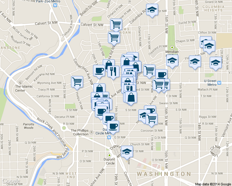 map of restaurants, bars, coffee shops, grocery stores, and more near 1910 19th St NW in Washington