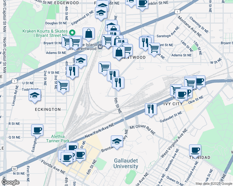 map of restaurants, bars, coffee shops, grocery stores, and more near 101 Independence Avenue Southeast in Washington