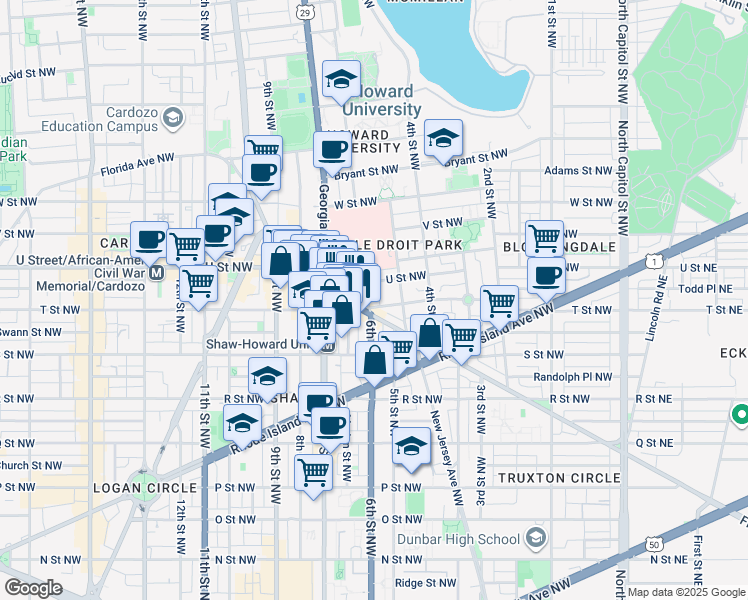 map of restaurants, bars, coffee shops, grocery stores, and more near 531 T Street Northwest in Washington