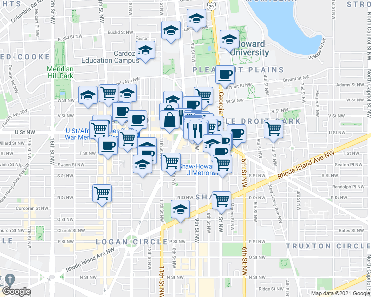 map of restaurants, bars, coffee shops, grocery stores, and more near 925 T St NW in Washington