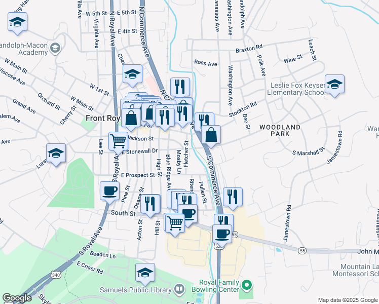 map of restaurants, bars, coffee shops, grocery stores, and more near 601 East Stonewall Drive in Front Royal