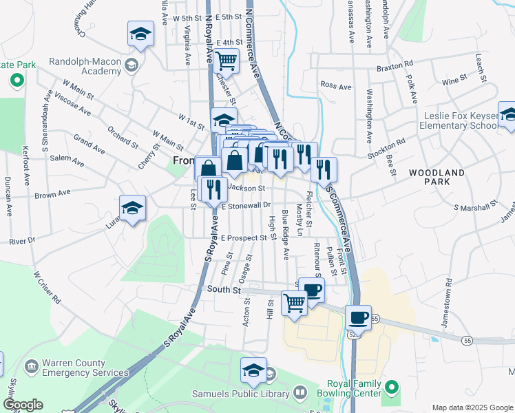 map of restaurants, bars, coffee shops, grocery stores, and more near 309 East Stonewall Drive in Front Royal