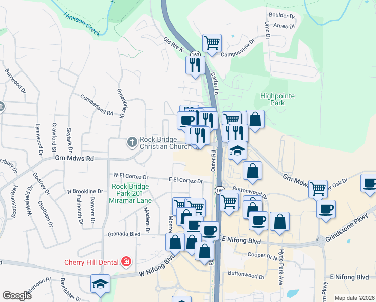 map of restaurants, bars, coffee shops, grocery stores, and more near 212 West Green Meadows Road in Columbia