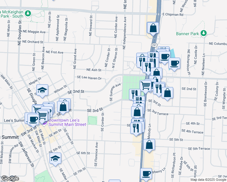 map of restaurants, bars, coffee shops, grocery stores, and more near 707 Southeast Summit Avenue in Lee's Summit