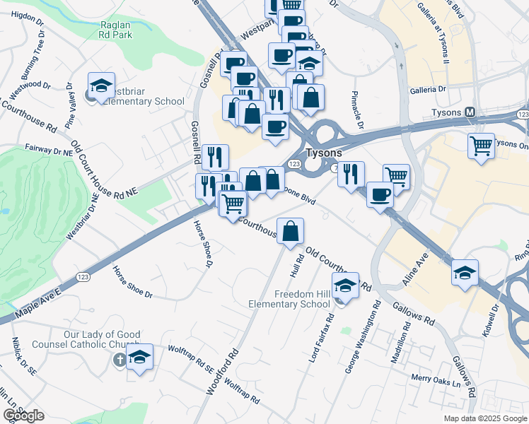 map of restaurants, bars, coffee shops, grocery stores, and more near 1880 Howard Avenue in Vienna