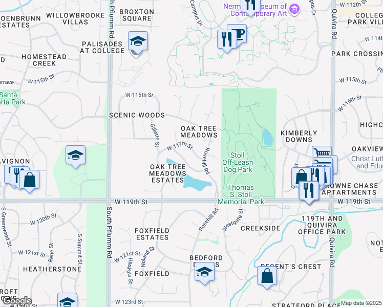 map of restaurants, bars, coffee shops, grocery stores, and more near 12715 West 117th Street in Overland Park