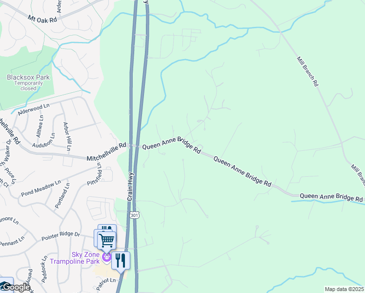 map of restaurants, bars, coffee shops, grocery stores, and more near 16805 Queen Anne Bridge Road in Bowie