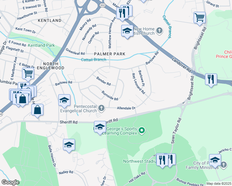 map of restaurants, bars, coffee shops, grocery stores, and more near 1909 Palmer Park Road in Hyattsville