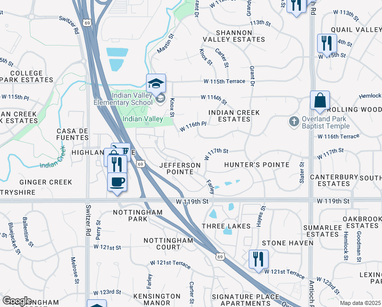 map of restaurants, bars, coffee shops, grocery stores, and more near 11651 Connell Street in Overland Park