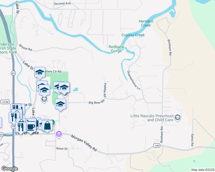 map of restaurants, bars, coffee shops, grocery stores, and more near 9216 Pebble Road in Lower Lake