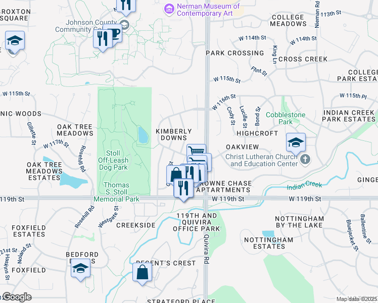 map of restaurants, bars, coffee shops, grocery stores, and more near 12020 W 117th Terrace in Overland Park