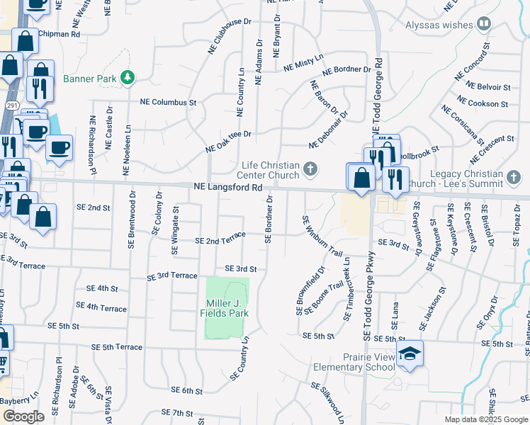 map of restaurants, bars, coffee shops, grocery stores, and more near 116 Southeast Bordner Place in Lee's Summit