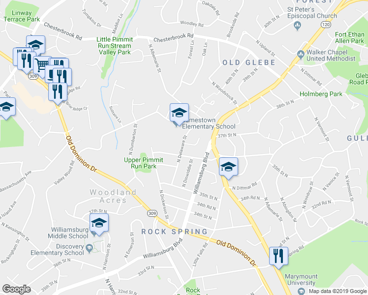 map of restaurants, bars, coffee shops, grocery stores, and more near 3609 North Delaware Street in Arlington