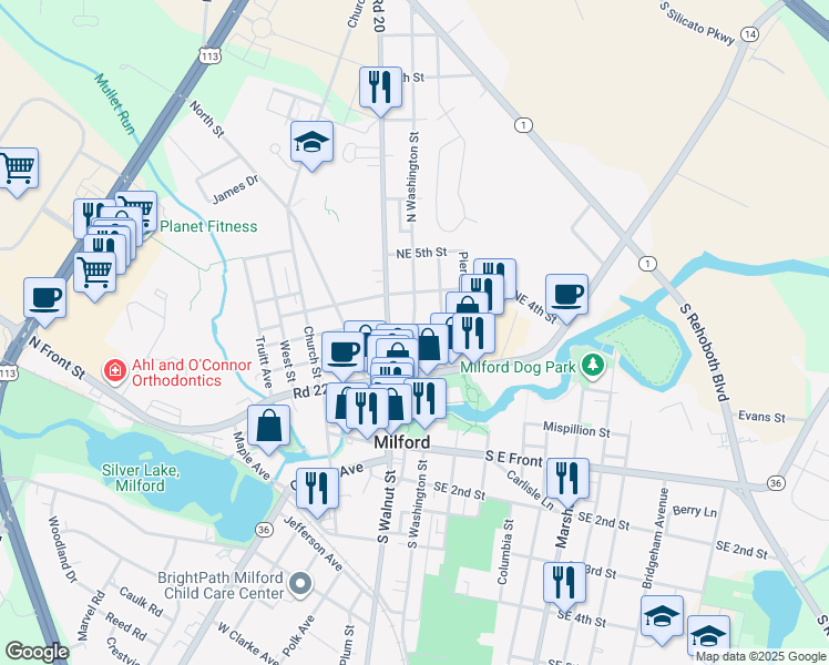 map of restaurants, bars, coffee shops, grocery stores, and more near 203 North Washington Street in Milford