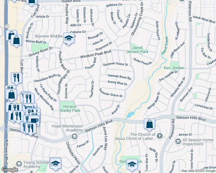 map of restaurants, bars, coffee shops, grocery stores, and more near 6338 Summer Grace Street in Colorado Springs