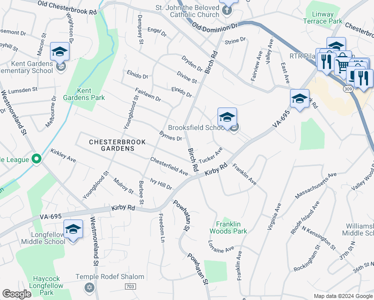 map of restaurants, bars, coffee shops, grocery stores, and more near 1832 Birch Road in McLean