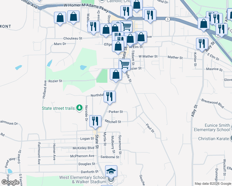 map of restaurants, bars, coffee shops, grocery stores, and more near 2301 State Street in Alton