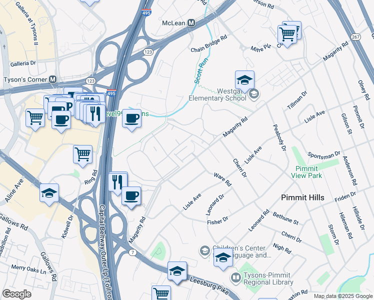 map of restaurants, bars, coffee shops, grocery stores, and more near 7737 Legere Court in McLean