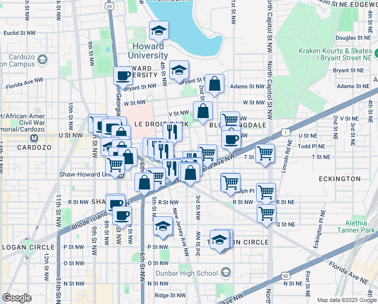 map of restaurants, bars, coffee shops, grocery stores, and more near Anna J. Cooper Circle Northwest in Washington