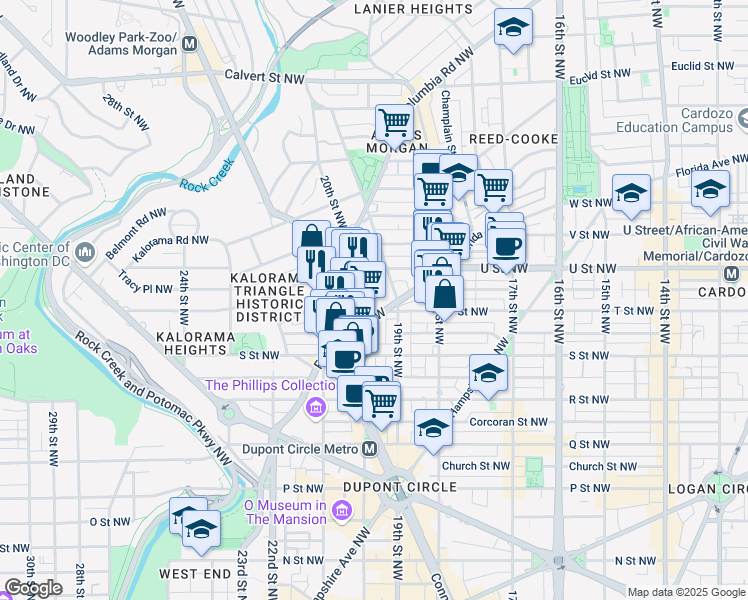 map of restaurants, bars, coffee shops, grocery stores, and more near 1901 Connecticut Avenue Northwest in Washington