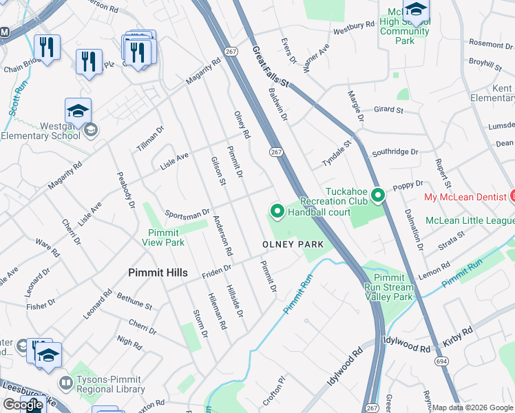 map of restaurants, bars, coffee shops, grocery stores, and more near 1829 Pimmit Drive in Falls Church