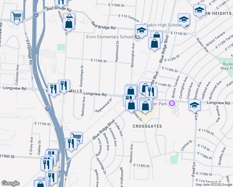 map of restaurants, bars, coffee shops, grocery stores, and more near 11425 Applewood Drive in Kansas City