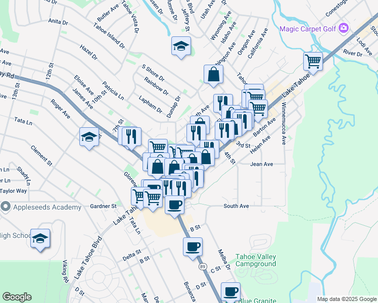 map of restaurants, bars, coffee shops, grocery stores, and more near 2082 Eloise Avenue in South Lake Tahoe