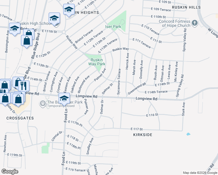 map of restaurants, bars, coffee shops, grocery stores, and more near 11411 Delmar Circle in Kansas City