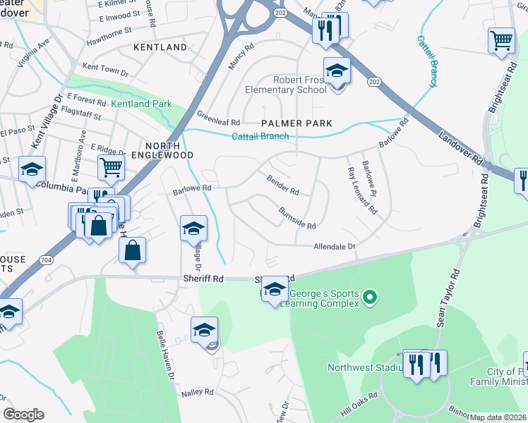 map of restaurants, bars, coffee shops, grocery stores, and more near 7724 Greymont Street in Greater Landover